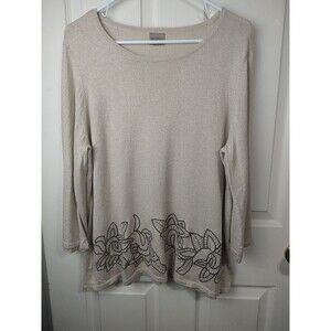 CHICOS EASYWEAR Holiday Sweater Pullover Tan Brown Sparkle Floral Embroidery XL*